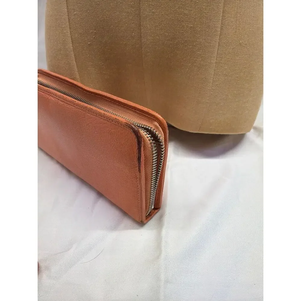 Loewe Vintage Orange Leather Zip Around Continental Wallet w/ Engraved Padlock